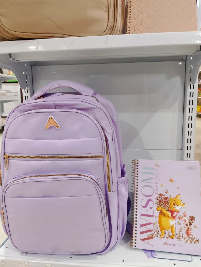 Mochila escolar lilás disponível em Vilhena
