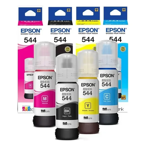 Kit de tinta original Epson 544 nas cores preto, ciano, magenta e amarelo na Papelaria Popular em Vilhena